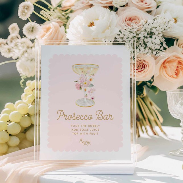 Póster Rótulo de ducha de novia con bar rosado Prosecco (Pink Bridal Brunch Prosecco Bar Sign)