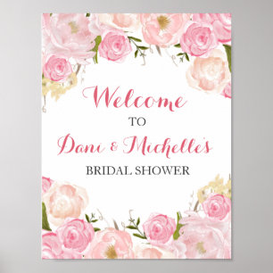 Póster Rótulo de ducha de novia con flores rosas