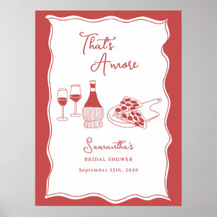 Póster Rótulo de ducha de novia de vino de pizza italiana