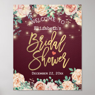 Póster Rótulo de ducha de novia floral de color rojo borg