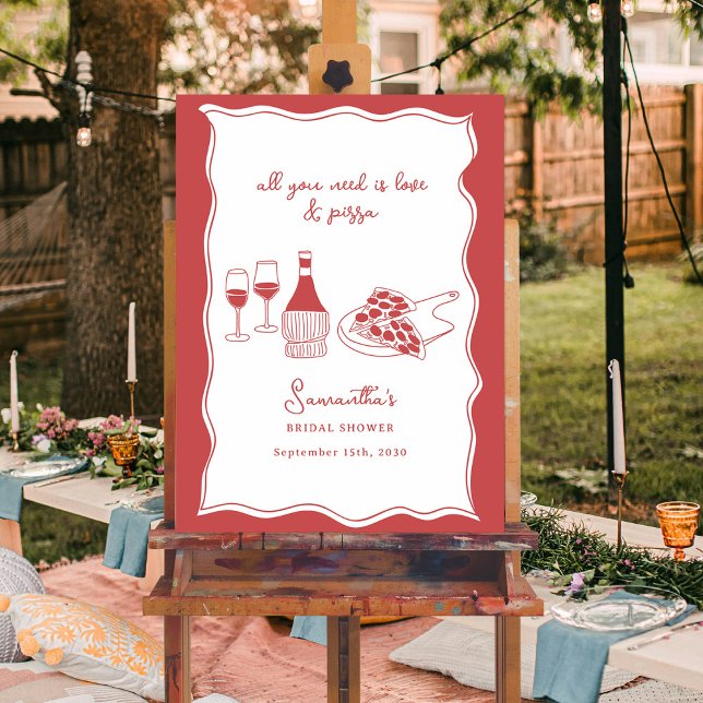 Póster Rótulo de ducha de novias de Pizza italiana dibuja (Hand Drawn Italian Pizza Wine Bridal Shower Sign)