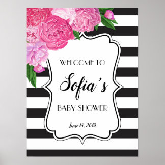 Póster Rótulo de ducha floral rosa Stirpe blanco y negro