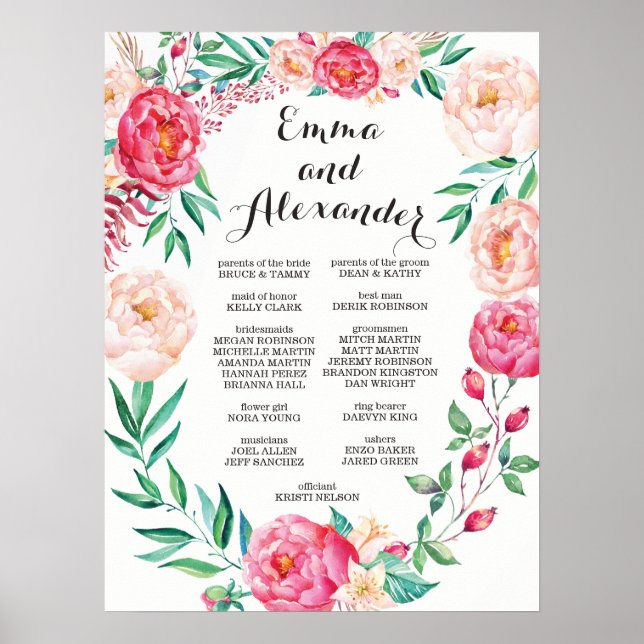 Póster Rótulo de fiesta de boda floral / signo de bienven (Frente)