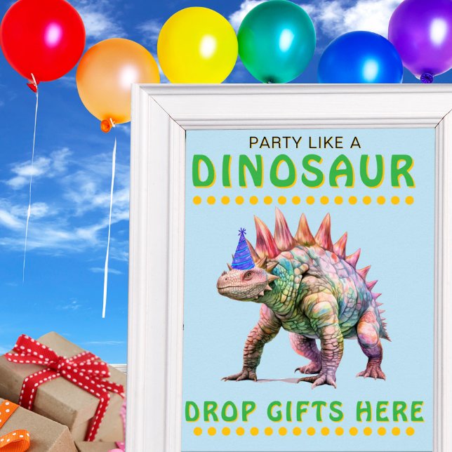 Póster Rótulo de Fiestas de dinosaurios: Dejen caer regal (Dinosaur Party Sign: Drop Gifts Here Poster)