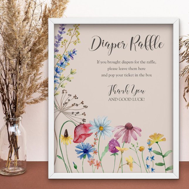 Póster Rótulo de flor silvestre Charm Diaper Raffle Baby  (Baby Shower Diaper Raffle Sign from my Wildflower Charm collection)