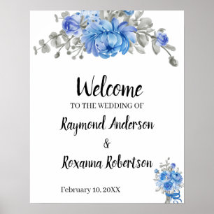 Póster Rótulo de flores azules de bienvenida Boda