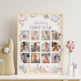 Póster Rótulo de foto de cumpleaños "Pink Under Sea"