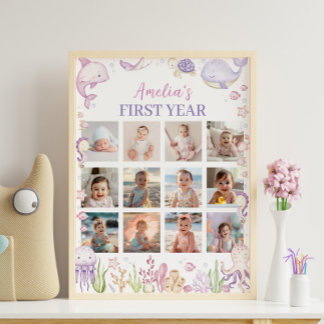 Póster Rótulo de foto de cumpleaños "Pink Under Sea"