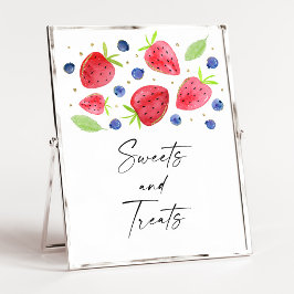 Póster Rótulo de Fresa con arándanos y dulces
