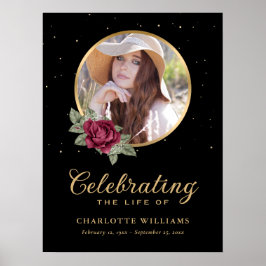 Póster Rótulo de funerales florales Black Burgundy Gold