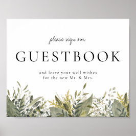 Póster Rótulo de Guestbook Botánico Watercolor Greenery