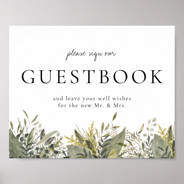 Póster Rótulo de Guestbook Botánico Watercolor Greenery (Frente)