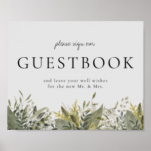 Póster Rótulo de Guestbook Botánico Watercolor Greenery