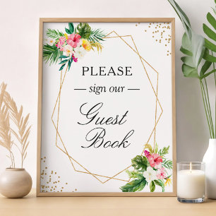 Póster Rótulo de Guestbook Floral tropical deja marco dor