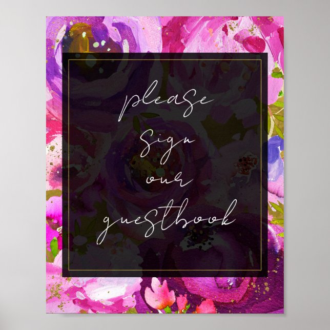 Póster Rótulo de guiños morados violetas rosados con flor (Frente)
