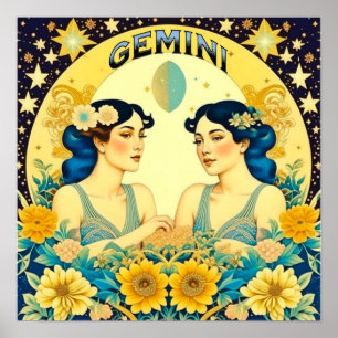 Póster Rótulo de horoscopio vintage Gemini Twins Celestia