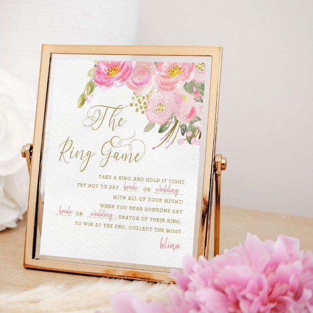 Póster Rótulo de juego de la caligrafía floral de oro ros (Ring Game poster from my Pink and Gold Watercolor Floral Bridal Shower Collection)
