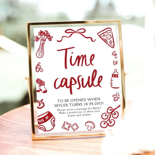 Póster Rótulo de la cápsula de tiempo Baby Shower con man (Italian Hand Drawn Baby Shower Time Capsule Sign)