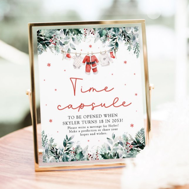 Póster Rótulo de la cápsula de tiempo Red Santa Baby Show (Watercolor Christmas Red Santa Baby Shower Time Capsule Game Sign)