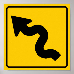 Póster Rótulo de la carretera de la carretera con curvas