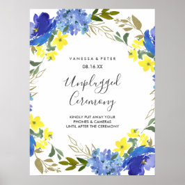 Póster Rótulo de la ceremonia Boda de floral azul amarill