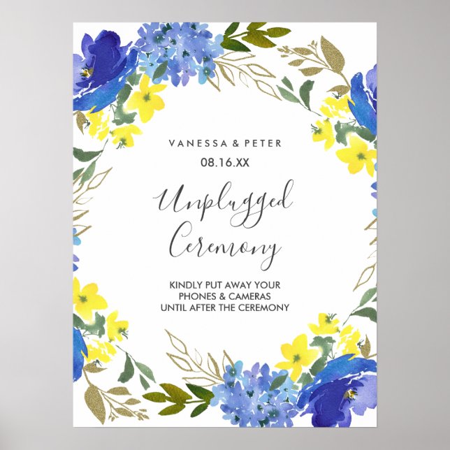 Póster Rótulo de la ceremonia Boda de floral azul amarill (Frente)