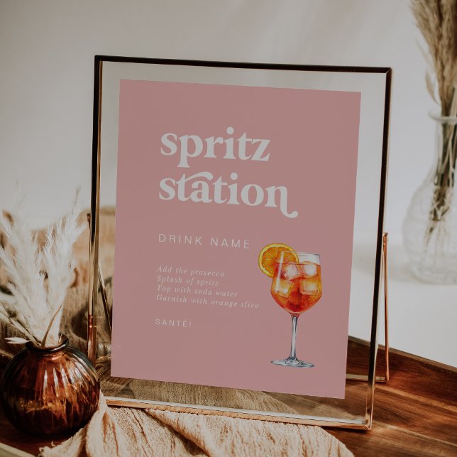Póster Rótulo de la estación Spritz de Boda rosa de veran (Retro Summer Pink Wedding Spritz Station Sign)