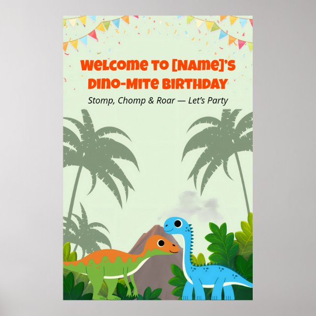 Póster Rótulo de la fiesta de cumpleaños de los dinosauri (Frente)
