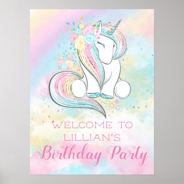 Póster Rótulo de la fiesta de cumpleaños de Pastel Rainbo (Frente)
