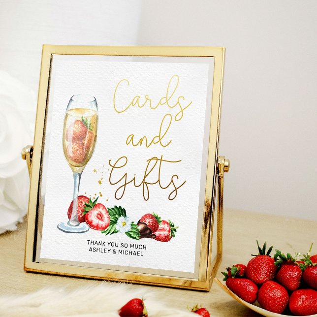 Póster Rótulo de la mesa de la ducha de novias con champá (Cards and Gifts sign from my Strawberries and Champagne bridal shower collection)