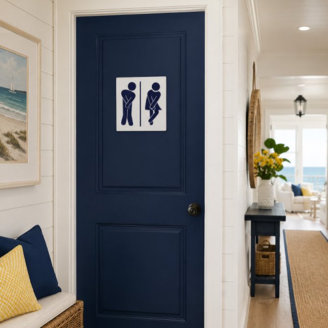 Póster Rótulo de la sala de restauración divertida (Funny navy restroom sign displayed on a coastal bathroom door with bright seaside decor.)