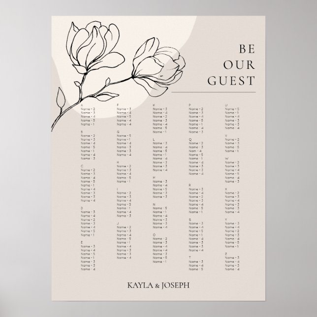 Póster Rótulo de la tabla de asientos alfabéticos de las  (Frente)