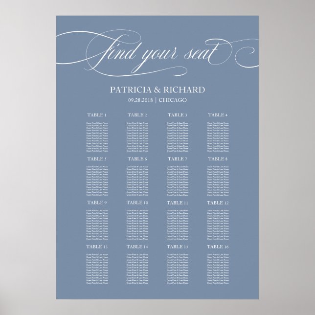 Póster Rótulo de la tabla de asientos boda Elegante azul  (Frente)