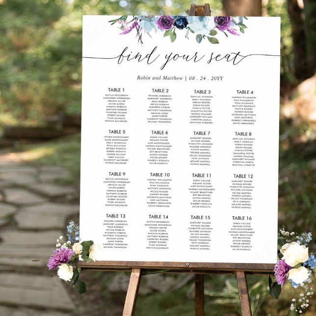 Póster Rótulo de la tabla de asientos Boda morado y azul  (Subido por el creador)
