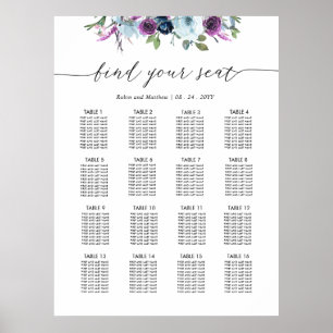 Póster Rótulo de la tabla de asientos Boda morado y azul
