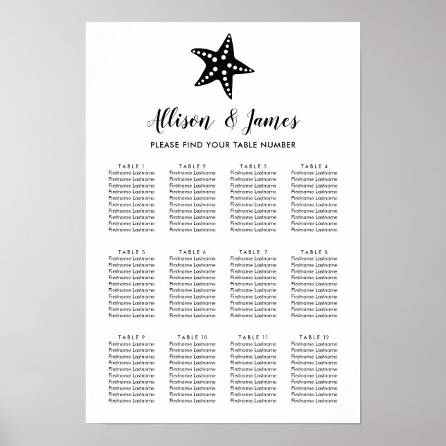 Póster Rótulo de la tabla de asientos de los Bodas Starfi (Frente)