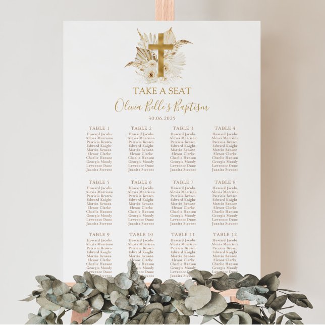 Póster Rótulo de la tabla de asientos del Bautismo de Oro (Boho Neutral Baptism Seating Chart | Matching items available)