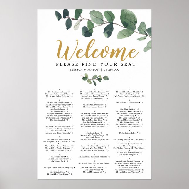 Póster Rótulo de la tabla de asientos del Boda Eucalyptus (Frente)