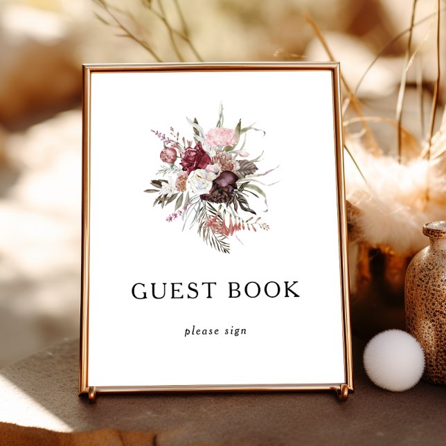 Póster Rótulo de libros de Borgoña Boho Floral Guest (Subido por el creador)