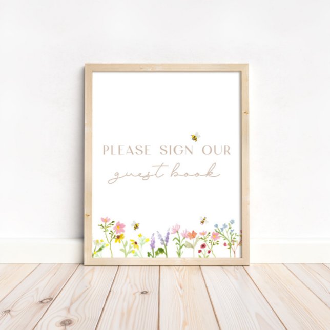 Póster Rótulo de libros de Wildflower Bumblebee Floral Gu (Coordinate this guest book sign with our matching baby shower guest book!)