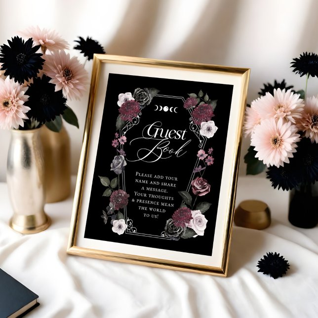 Póster Rótulo de libros para invitados de Florals de colo (Gothic Black Watercolor Florals Guest Book Sign)