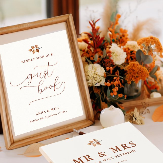 Póster Rótulo de libros para invitados de la boda otoño (sign our guest book fall autumn wedding sign terracotta elegant calligraphy simple leaves foliage)