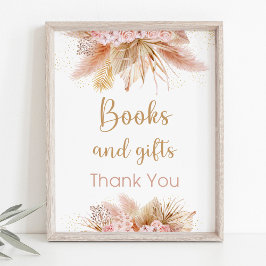 Póster Rótulo de libros y regalos de flores rosadas pampa