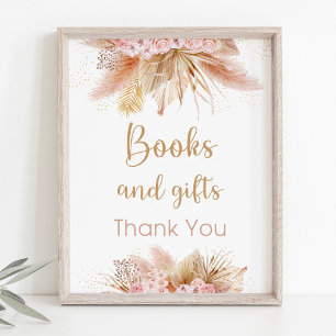 Póster Rótulo de libros y regalos de flores rosadas pampa