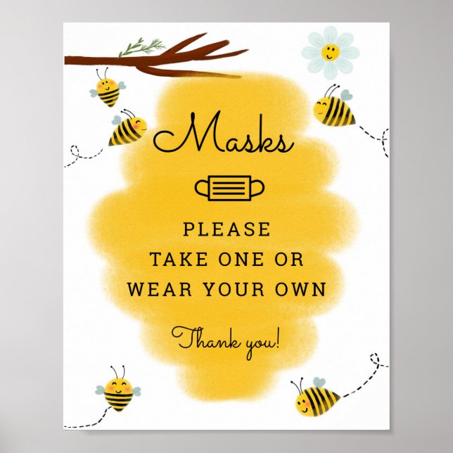 Póster Rótulo de máscaras Baby Shower del tema Bumble Bee (Frente)