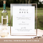Póster Rótulo de menú Barra de Boda de script mínimo<br><div class="desc">Invite a sus huéspedes a tomar una libación favorita del bar con nuestro encantador cartel de menú de bar boda. El poster 11x14 muestra "el bar está abierto" en un guión de caligrafía negra y letras en bloques. Personaliza con tus selecciones de bebida debajo.</div>