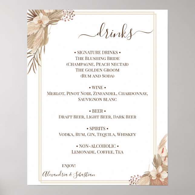Póster Rótulo de menú Boda floral bebidas (Frente)