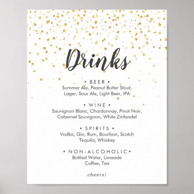Póster Rótulo de menú de bebidas con Boda de Confetti dor (Frente)