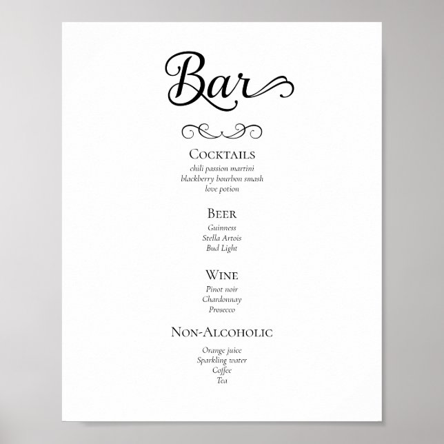 Póster Rótulo de menú de bebidas de Boda de guión caligrá (Frente)