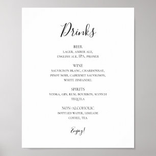 Póster Rótulo de menú de bebidas de bodas simple y elegan